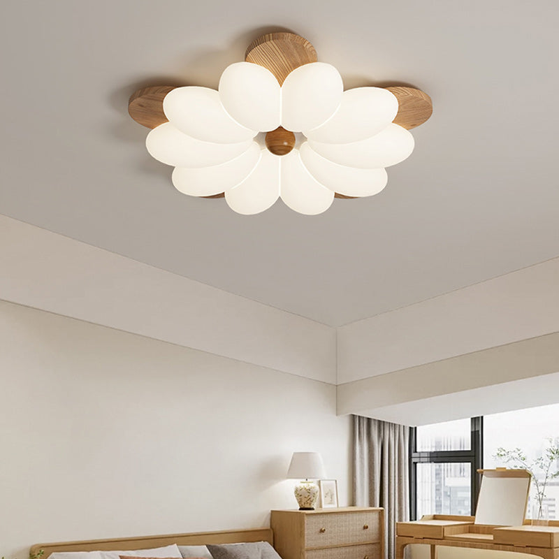 Plafonnier LED en bois avec pétales de fleurs rétro contemporaines pour chambre 