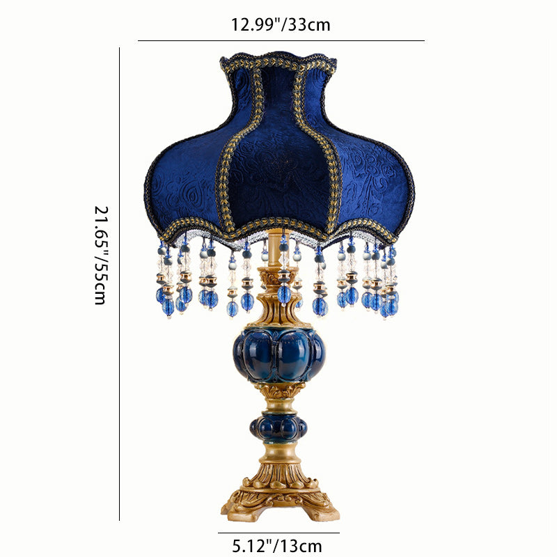 Lámpara de mesa de 1 luz con cuentas de encaje de tela de resina europea tradicional floral para mesita de noche 