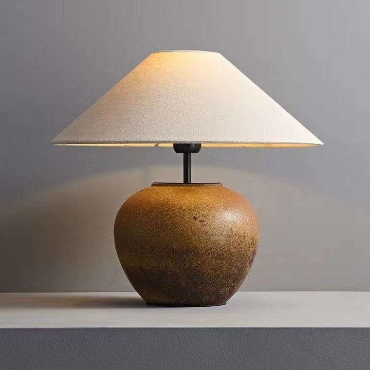 Lámpara de mesa de 1 luz cónica de cerámica con tela japonesa tradicional para mesita de noche 