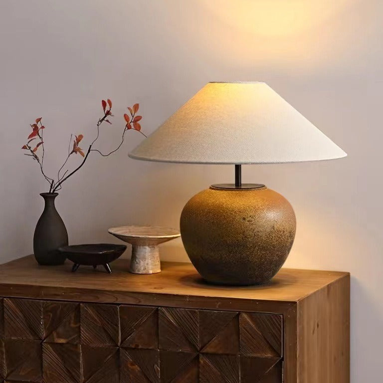 Lámpara de mesa de 1 luz cónica de cerámica con tela japonesa tradicional para mesita de noche 
