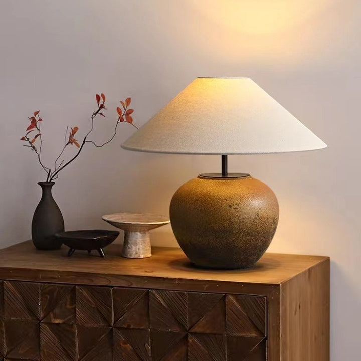 Lámpara de mesa de 1 luz cónica de cerámica con tela japonesa tradicional para mesita de noche 