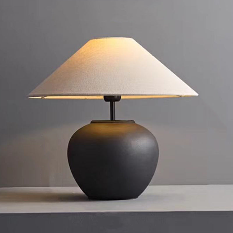 Lámpara de mesa de 1 luz cónica de cerámica con tela japonesa tradicional para mesita de noche 