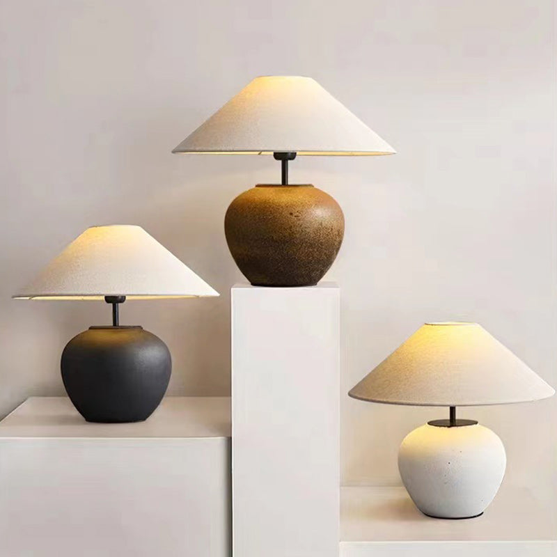 Lámpara de mesa de 1 luz cónica de cerámica con tela japonesa tradicional para mesita de noche 
