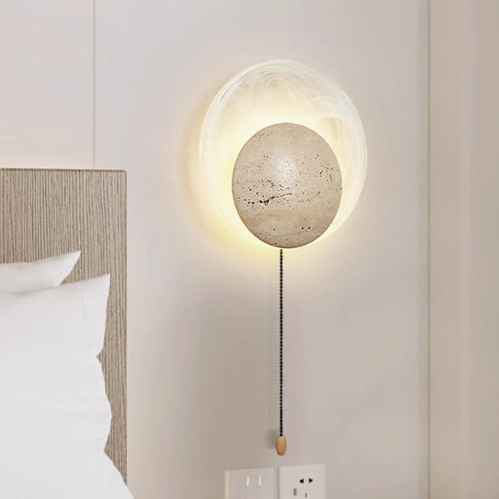 Contemporary Nordic Travertine Glass Round Smoke Textured Zipper LED Wall Sconce Lamp For Bedside