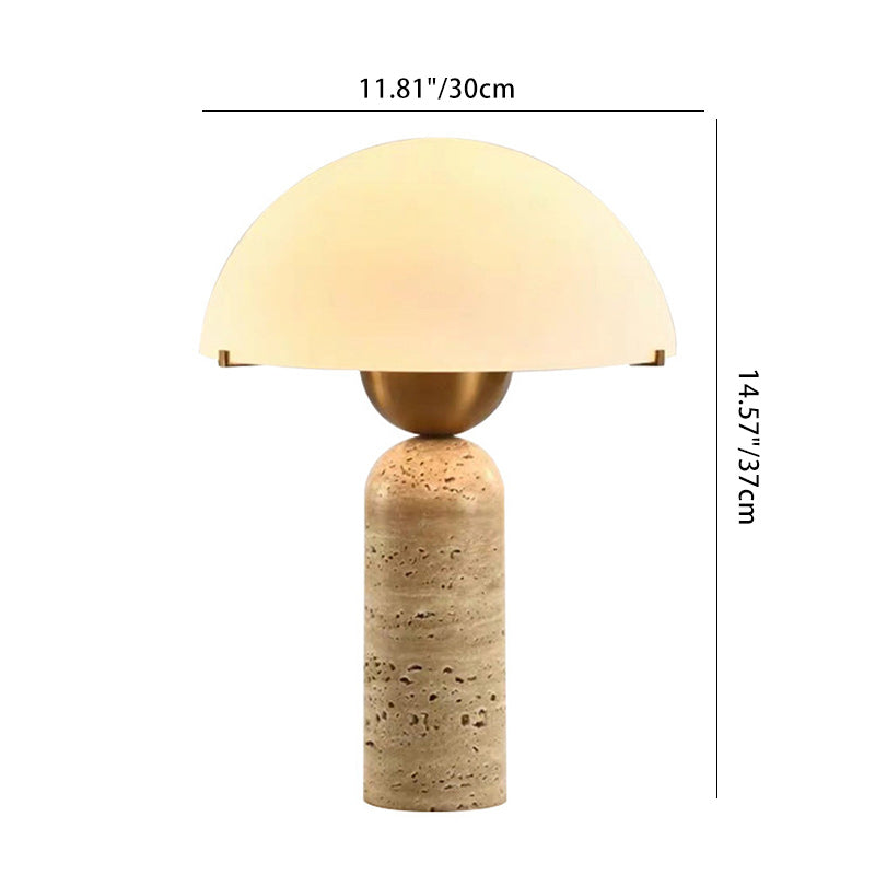 Lampe de table contemporaine scandinave en travertin, marbre, verre et résine avec dôme cylindrique à 1 lumière pour chevet 