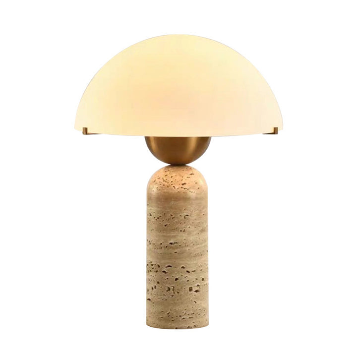 Lampe de table contemporaine scandinave en travertin, marbre, verre et résine avec dôme cylindrique à 1 lumière pour chevet 