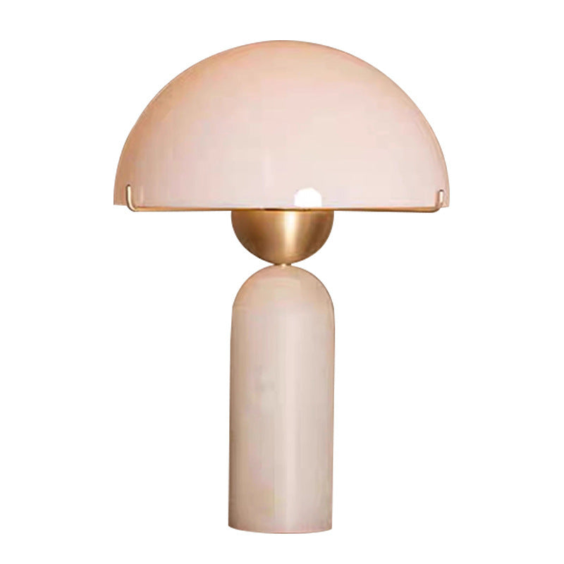 Lampe de table contemporaine scandinave en travertin, marbre, verre et résine avec dôme cylindrique à 1 lumière pour chevet 