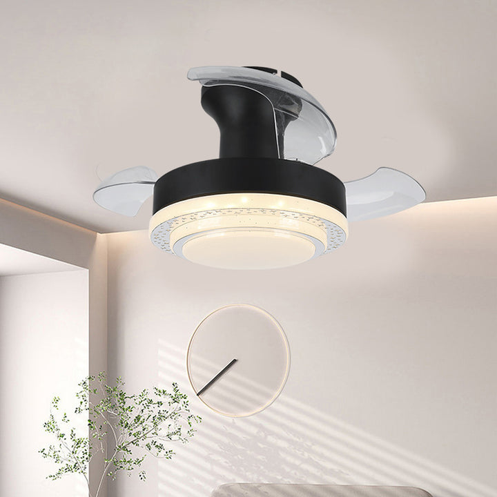 Ventilador de techo con luz LED de montaje semi empotrado de textura redonda de ABS acrílico hierro nórdico contemporáneo para sala de estar 