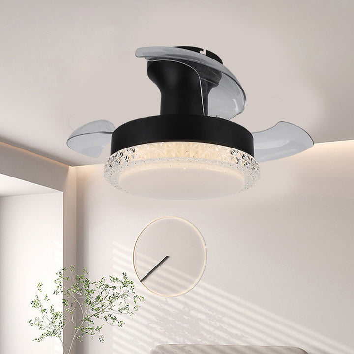 Ventilador de techo con luz LED de montaje semi empotrado de textura redonda de ABS acrílico hierro nórdico contemporáneo para sala de estar 