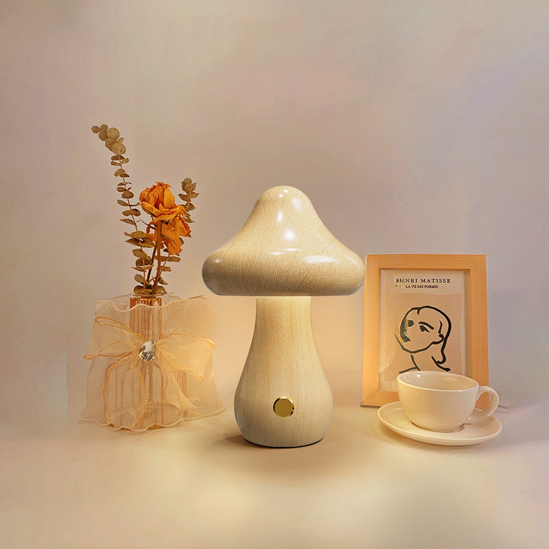 Lampe de Table LED en Bois Massif Rechargeable Créative Contemporaine en Forme de Champignon Veilleuse pour Chevet 