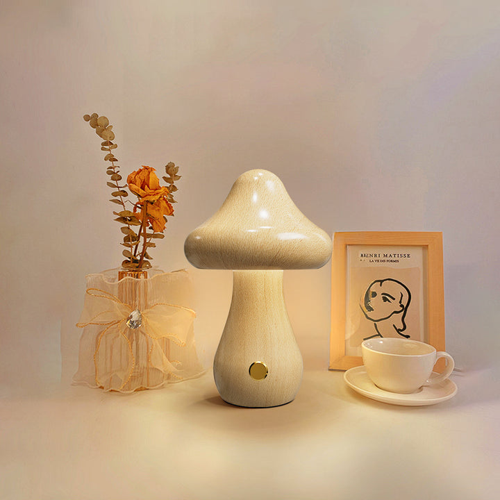 Lampe de Table LED en Bois Massif Rechargeable Créative Contemporaine en Forme de Champignon Veilleuse pour Chevet 