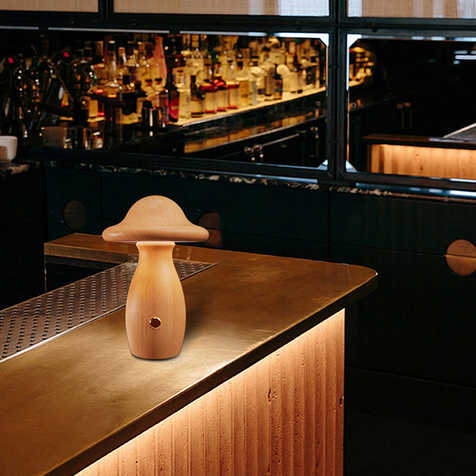 Lampe de Table LED en Bois Massif Rechargeable Créative Contemporaine en Forme de Champignon Veilleuse pour Chevet 