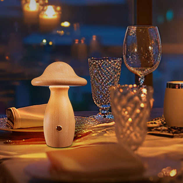 Lampe de Table LED en Bois Massif Rechargeable Créative Contemporaine en Forme de Champignon Veilleuse pour Chevet 