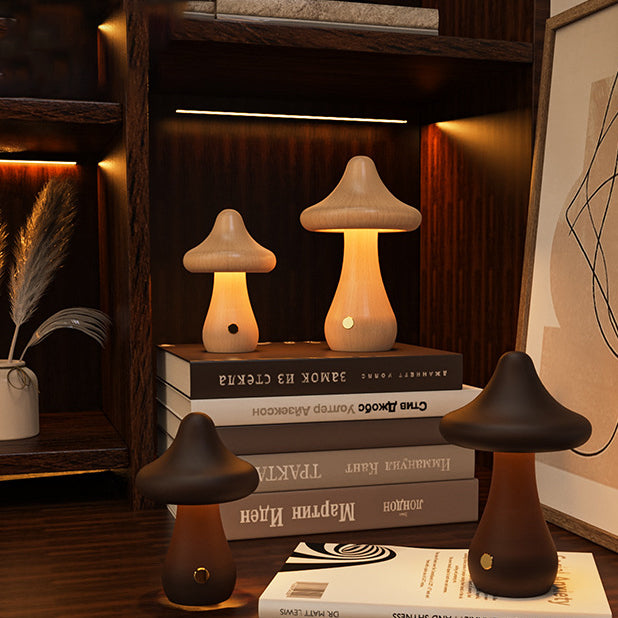 Lampe de Table LED en Bois Massif Rechargeable Créative Contemporaine en Forme de Champignon Veilleuse pour Chevet 