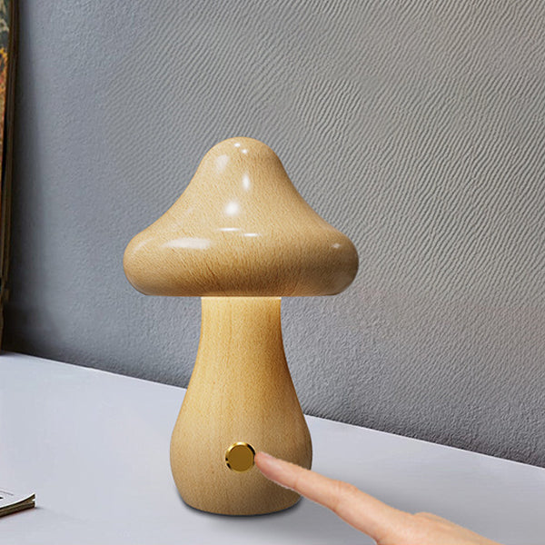 Lampe de Table LED en Bois Massif Rechargeable Créative Contemporaine en Forme de Champignon Veilleuse pour Chevet 