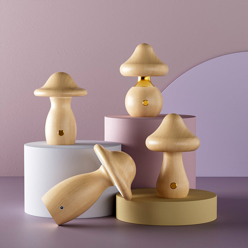 Lampe de Table LED en Bois Massif Rechargeable Créative Contemporaine en Forme de Champignon Veilleuse pour Chevet 