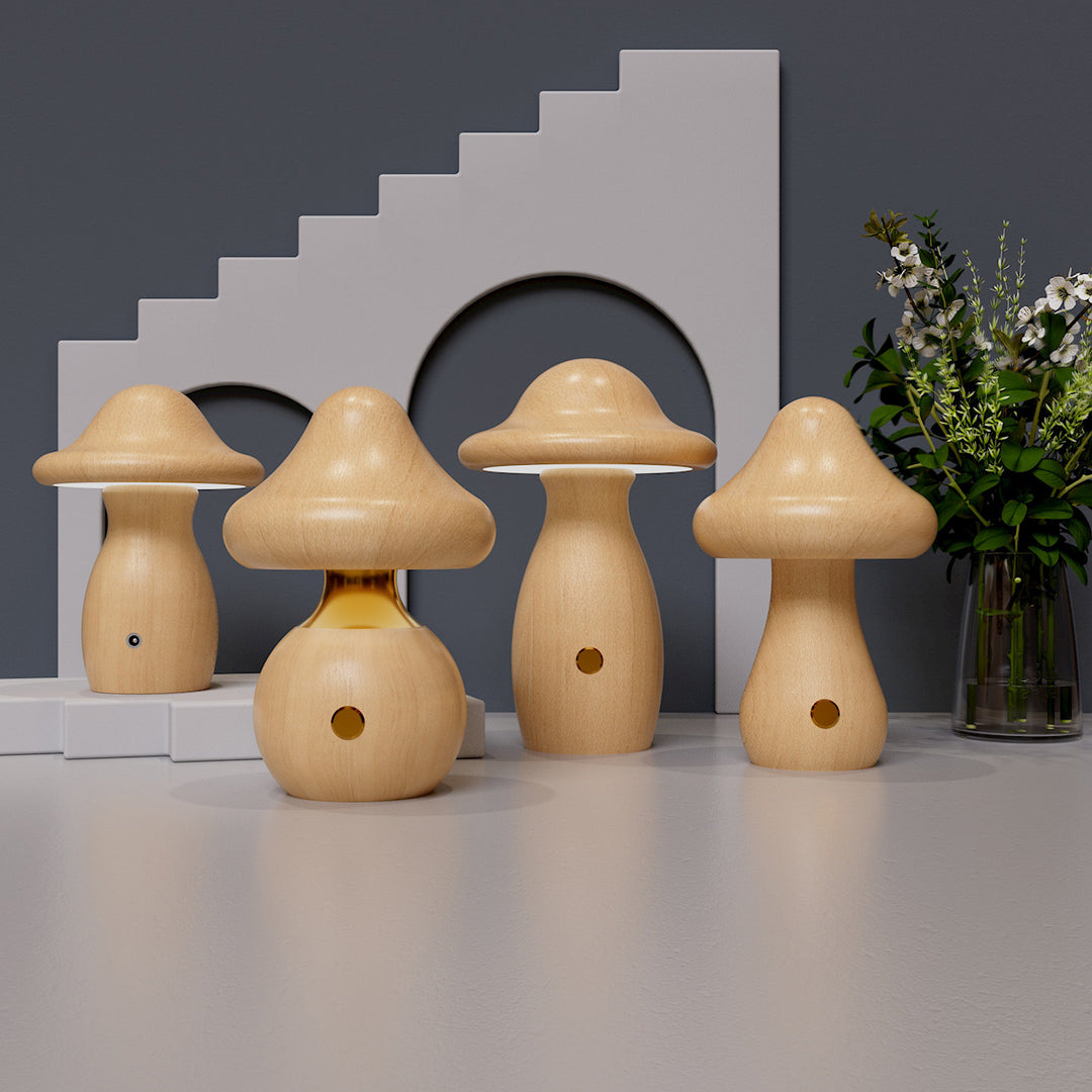 Lampe de Table LED en Bois Massif Rechargeable Créative Contemporaine en Forme de Champignon Veilleuse pour Chevet 