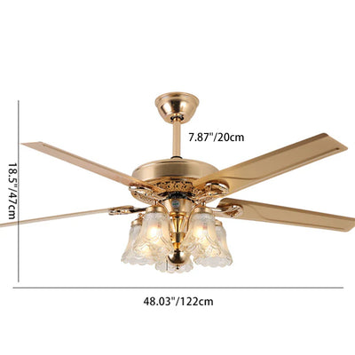 Traditional European Bell Floral Iron Wood PVC Glass 5-Light Downrods Ceiling Fan Light For Living Room