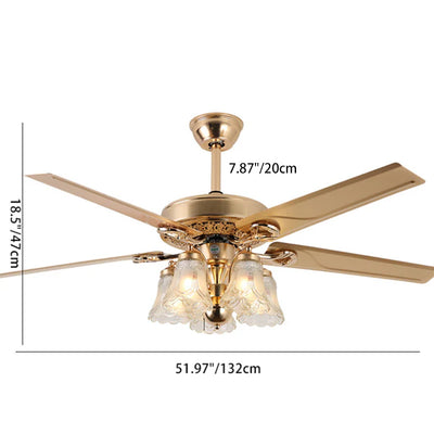 Traditional European Bell Floral Iron Wood PVC Glass 5-Light Downrods Ceiling Fan Light For Living Room