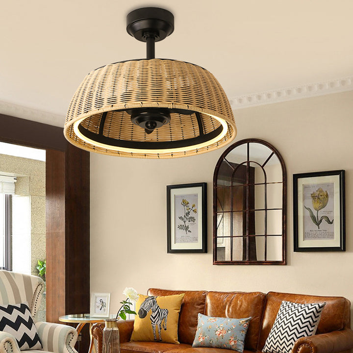 Ventilador de techo con luz LED redondo de varillas de hierro tradicional rústico de aluminio ABS tejido de ratán para comedor 