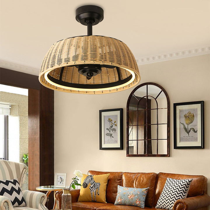Ventilador de techo con luz LED redondo de varillas de hierro tradicional rústico de aluminio ABS tejido de ratán para comedor 