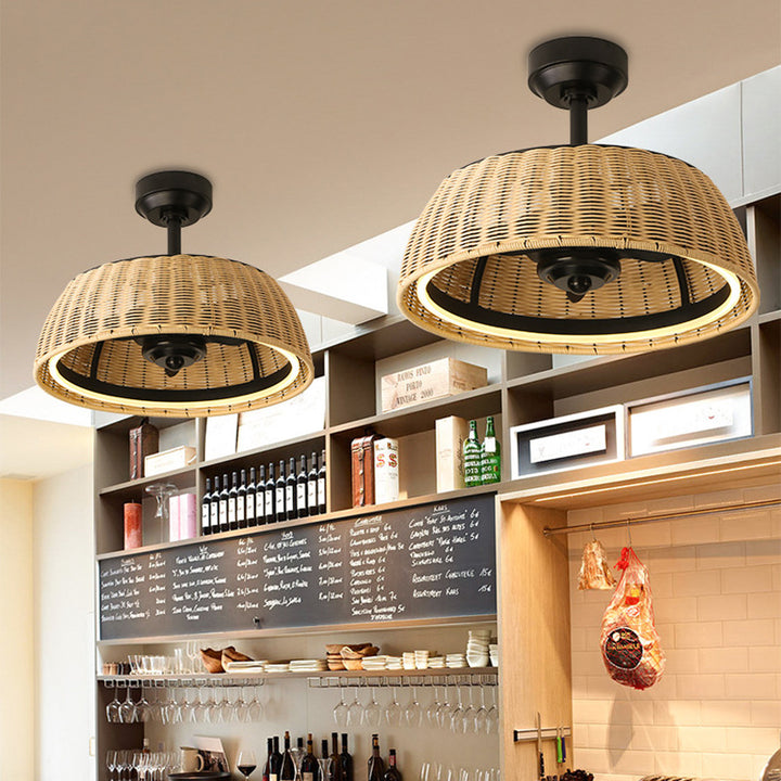 Ventilador de techo con luz LED redondo de varillas de hierro tradicional rústico de aluminio ABS tejido de ratán para comedor 