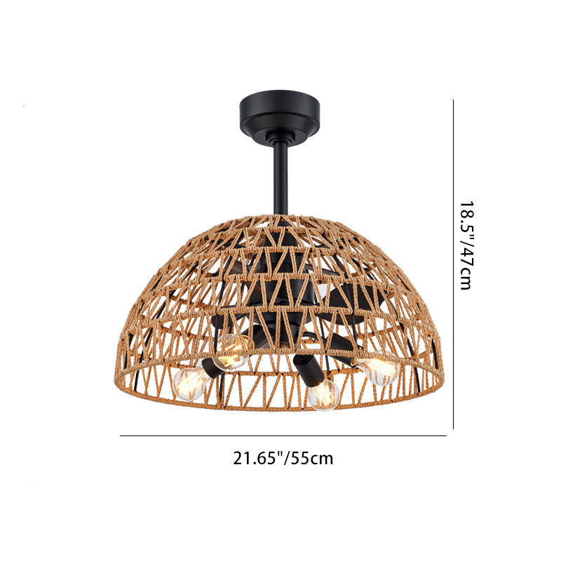 Ventilateur de plafond contemporain en fer industriel ABS avec tissage en corde de chanvre, dôme à 4 lumières pour salle à manger 