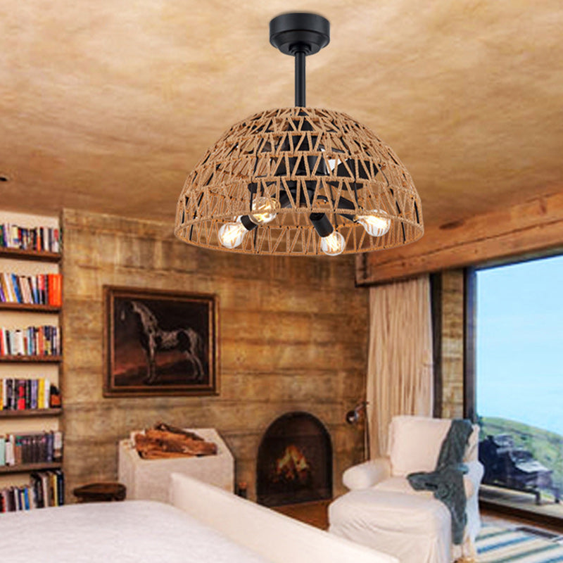 Ventilateur de plafond contemporain en fer industriel ABS avec tissage en corde de chanvre, dôme à 4 lumières pour salle à manger 