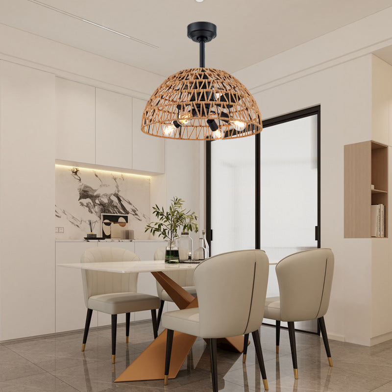 Ventilateur de plafond contemporain en fer industriel ABS avec tissage en corde de chanvre, dôme à 4 lumières pour salle à manger 