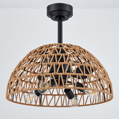 Ventilateur de plafond contemporain en fer industriel ABS avec tissage en corde de chanvre, dôme à 4 lumières pour salle à manger 