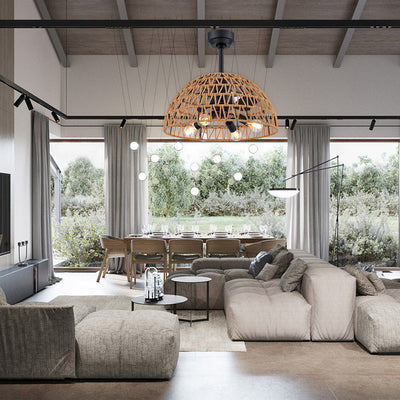 Ventilateur de plafond contemporain en fer industriel ABS avec tissage en corde de chanvre, dôme à 4 lumières pour salle à manger 