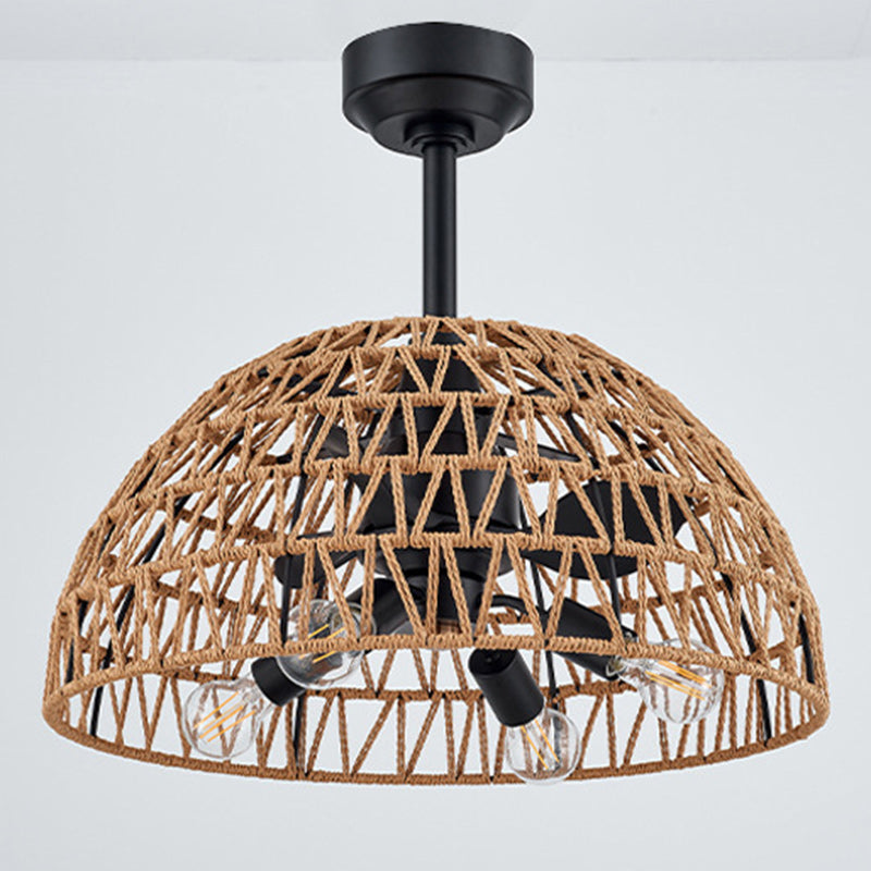 Ventilateur de plafond contemporain en fer industriel ABS avec tissage en corde de chanvre, dôme à 4 lumières pour salle à manger 