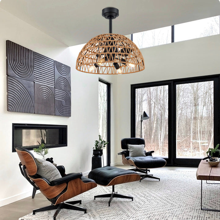 Ventilador de techo con luz de cúpula de 4 luces de varillas descendentes de hierro industrial contemporáneo ABS con tejido de cuerda de cáñamo para comedor 