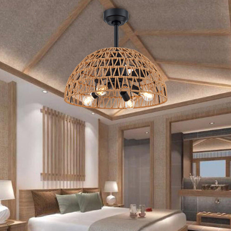 Ventilateur de plafond contemporain en fer industriel ABS avec tissage en corde de chanvre, dôme à 4 lumières pour salle à manger 