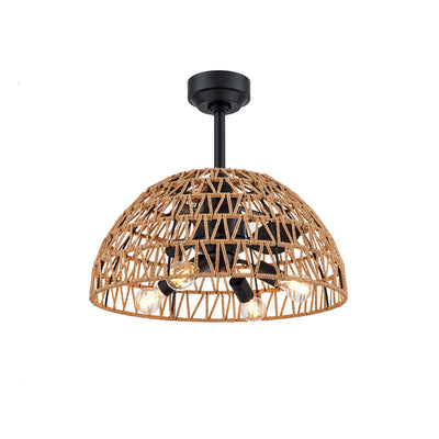 Ventilateur de plafond contemporain en fer industriel ABS avec tissage en corde de chanvre, dôme à 4 lumières pour salle à manger 