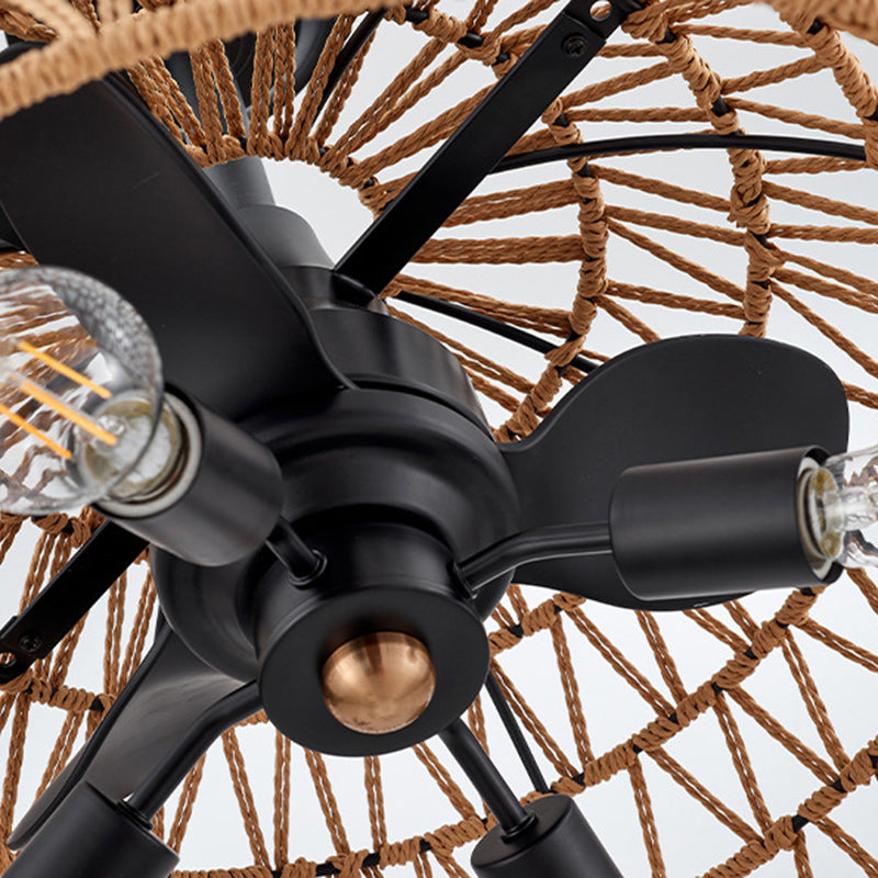 Ventilateur de plafond contemporain en fer industriel ABS avec tissage en corde de chanvre, dôme à 4 lumières pour salle à manger 