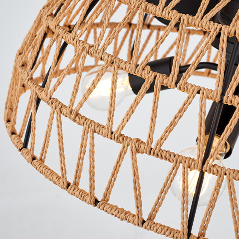 Ventilateur de plafond contemporain en fer industriel ABS avec tissage en corde de chanvre, dôme à 4 lumières pour salle à manger 