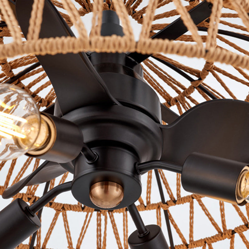 Ventilateur de plafond contemporain en fer industriel ABS avec tissage en corde de chanvre, dôme à 4 lumières pour salle à manger 