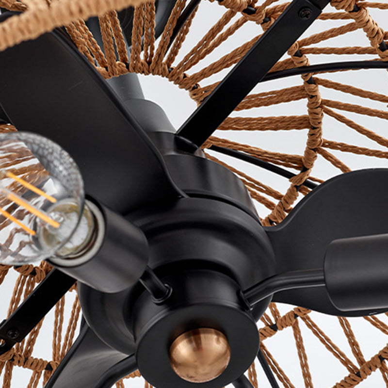 Ventilateur de plafond contemporain en fer industriel ABS avec tissage en corde de chanvre, dôme à 4 lumières pour salle à manger 