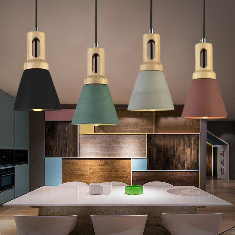 Zeitgenössische skandinavische Holz-Zement-Kegel 1-Licht Pendelleuchte für das Esszimmer 