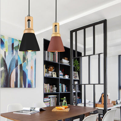 Zeitgenössische skandinavische Holz-Zement-Kegel 1-Licht Pendelleuchte für das Esszimmer 