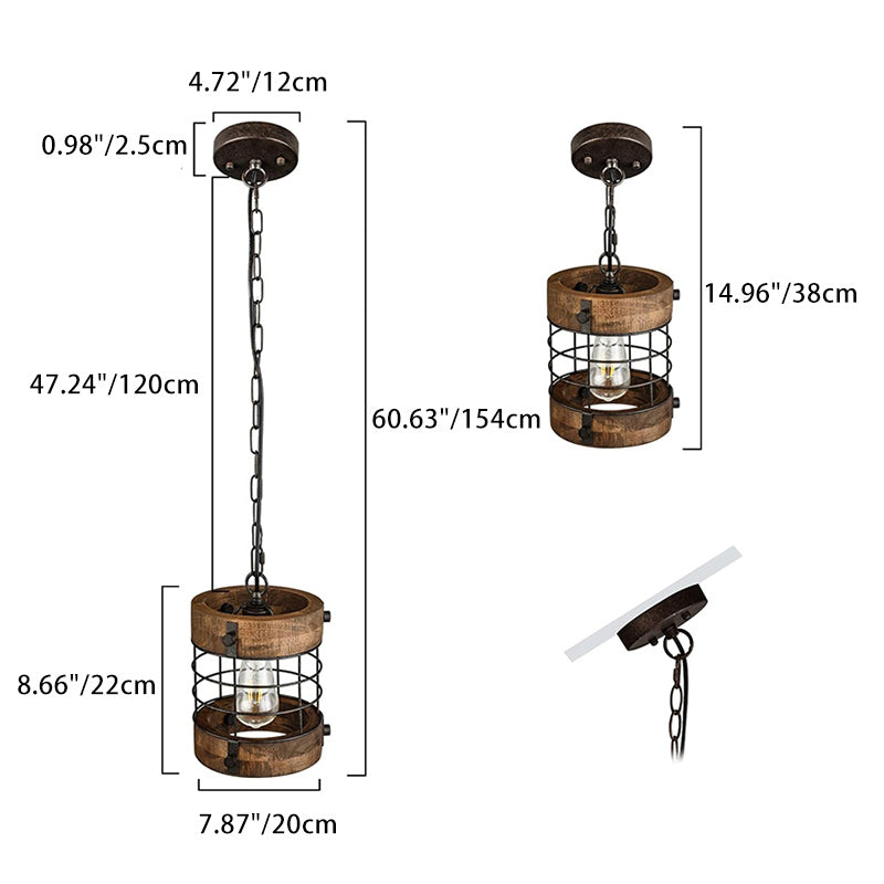 Cage rouillée en bois et métal industriel contemporain, suspension 1 lumière pour salle à manger 