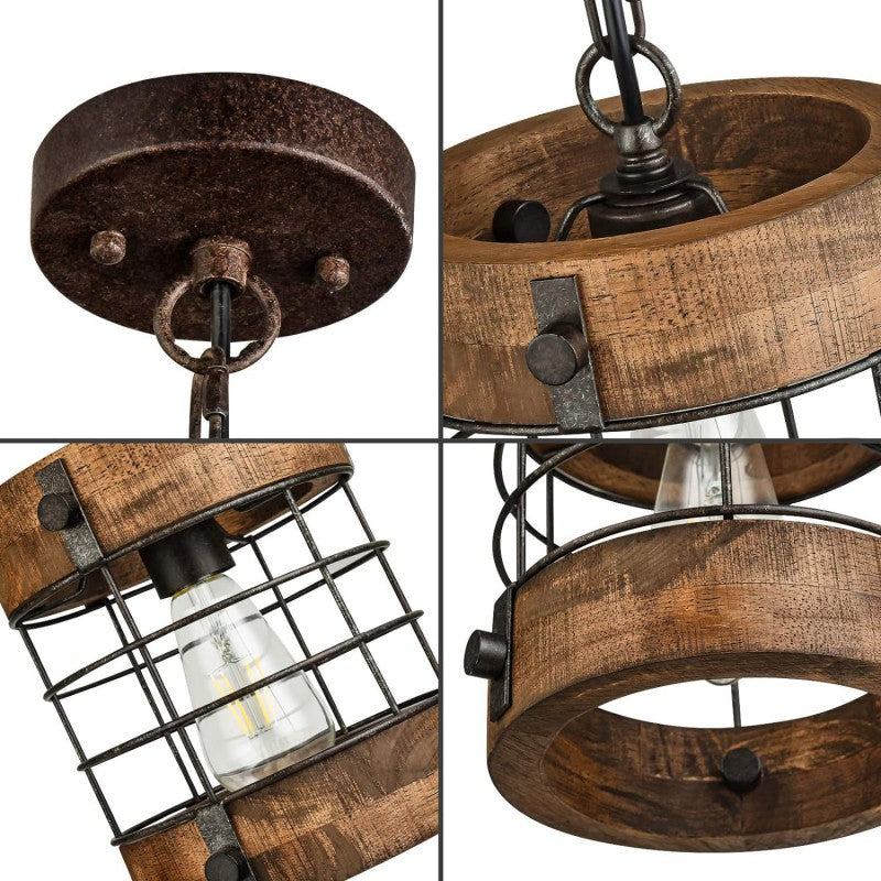 Cage rouillée en bois et métal industriel contemporain, suspension 1 lumière pour salle à manger 