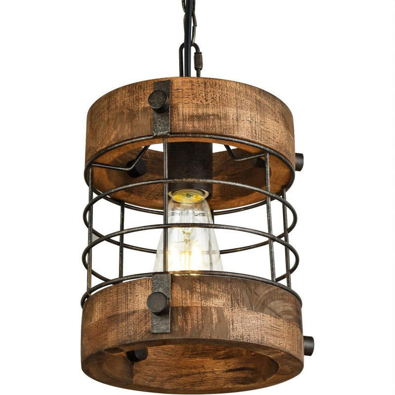 Cage rouillée en bois et métal industriel contemporain, suspension 1 lumière pour salle à manger 
