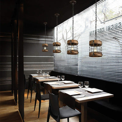 Cage rouillée en bois et métal industriel contemporain, suspension 1 lumière pour salle à manger 