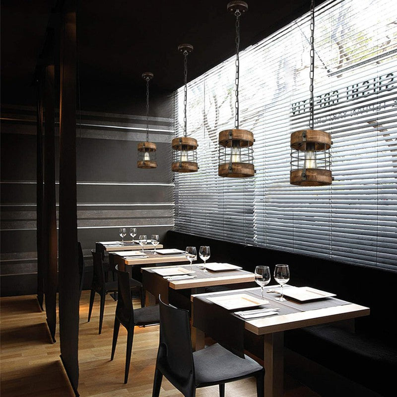 Cage rouillée en bois et métal industriel contemporain, suspension 1 lumière pour salle à manger 