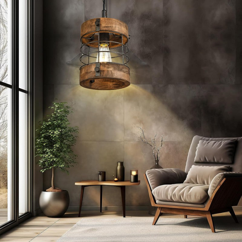 Cage rouillée en bois et métal industriel contemporain, suspension 1 lumière pour salle à manger 