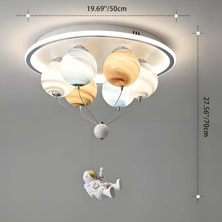 Contemporary Creative Kids Planet Space Hot Air Balloon Astronaut Iron Resin Glass 6-Light LED Semi-Flush Mount Ceiling Light For Bedroom