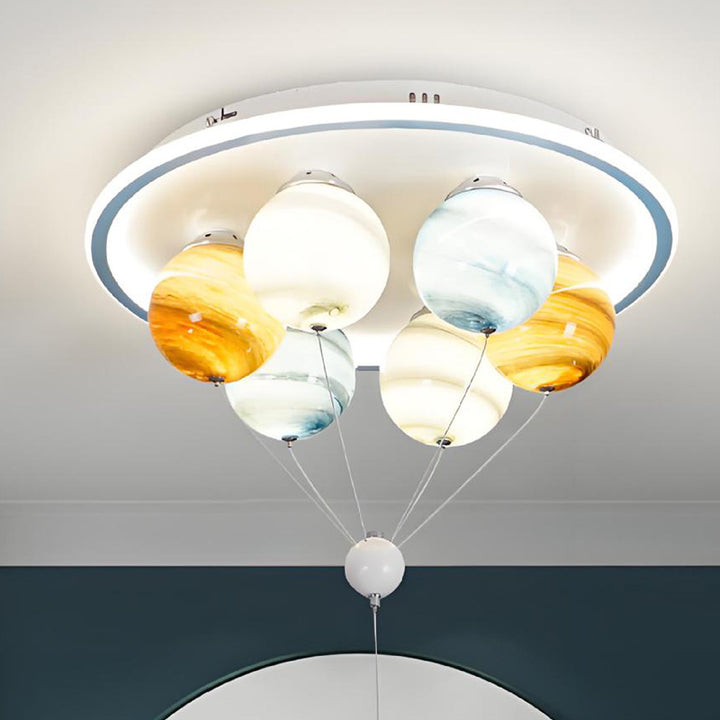 Contemporary Creative Kids Planet Space Hot Air Balloon Astronaut Iron Resin Glass 6-Light LED Semi-Flush Mount Ceiling Light For Bedroom