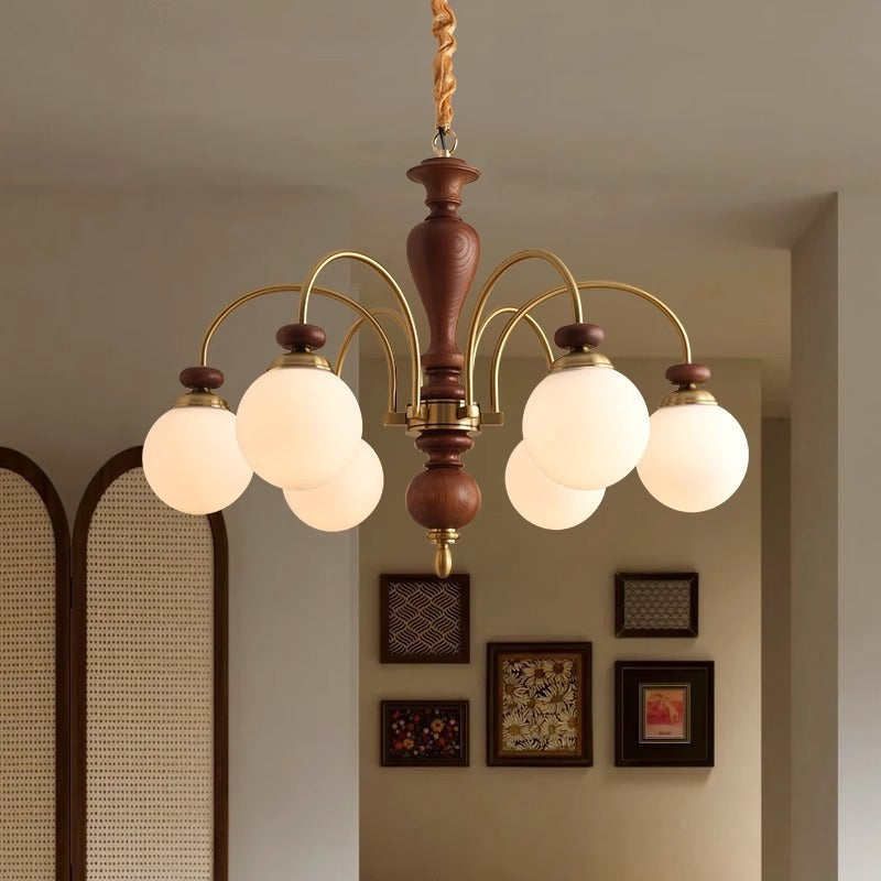 Chandeliers contemporains en bois de frêne rétro avec boule en verre pour 3/6/8 lumières pour salon 